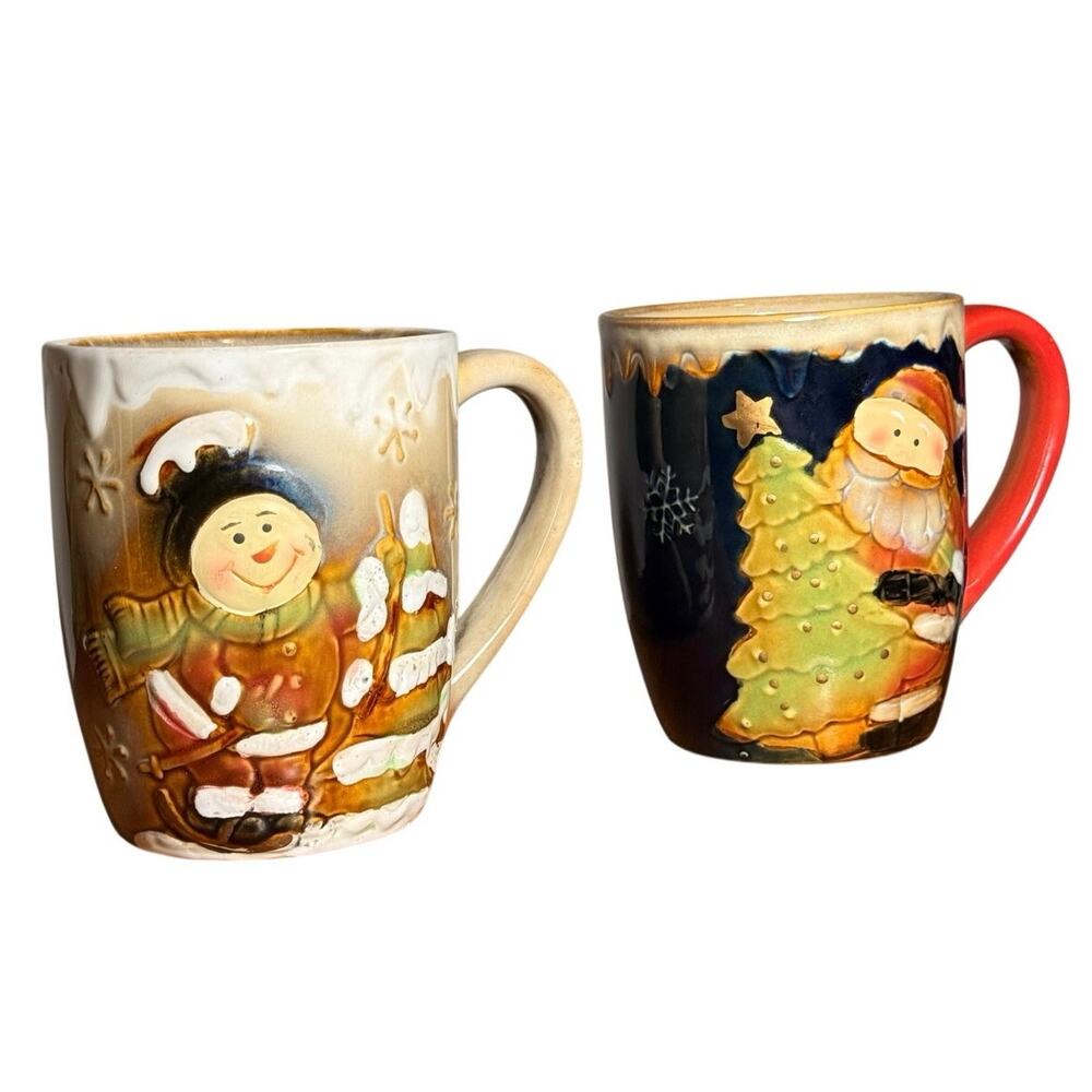 Vintage Christmas Mugs Set of 2 3D Embossed Snowman Santa Drip Glaze Ceramic